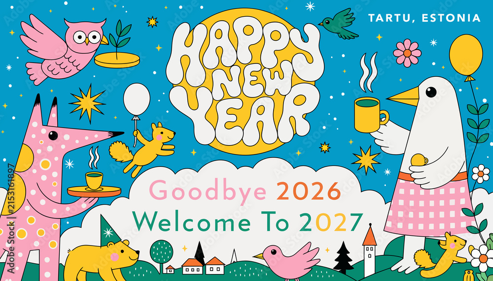 Naklejka premium Happy New Year 2027 Greeting Card with Cute Animals, Owl, Fox, Birds, Stars, Balloons, Town Silhouette