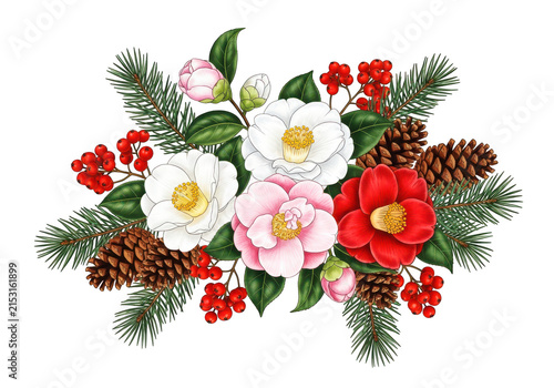 Festive winter bouquet with camellia flowers, pine branches, berries, and pinecones, creating a seasonal holiday or decorative arrangement.