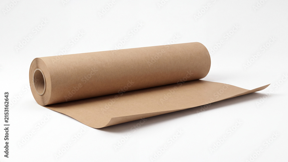 Fototapeta premium Brown kraft paper roll partially unrolled on white background, eco-friendly wrapping and packaging material