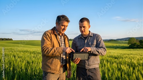 Two farmers inspecting green wheat field using tablet for crop analysis