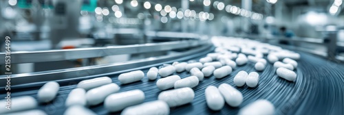 Close up of capsules moving on automated conveyor in pharmaceutical factory. Concept of drug manufacturing, healthcare industry, quality control, mass production and medical technology.