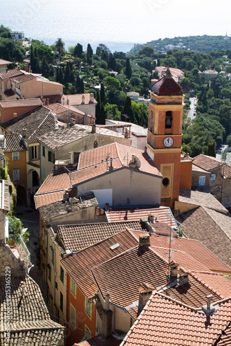 Beautiful view of the old town and sea on a summer day. Top view.  Roquebrune-Cap-Martin. France.