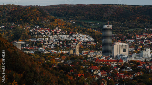 Close up aerial view of downtown Jena in autumn with prominent Jentower