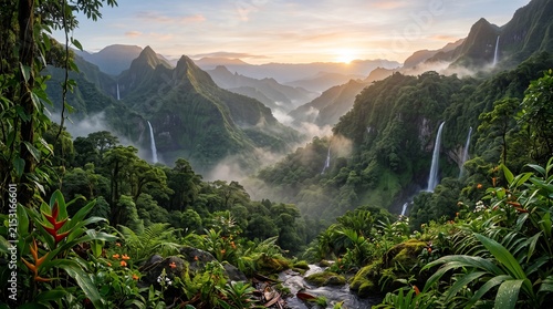 Beautiful sunrise over the misty tropical mountains with lush green forest and wild plants