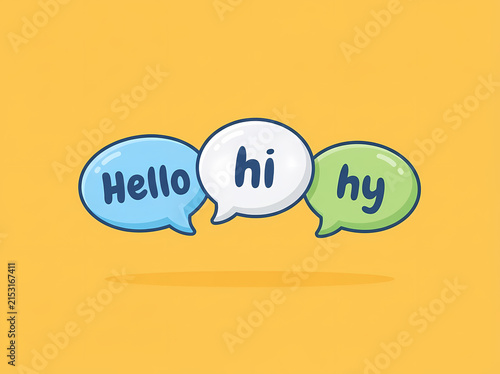 Cuadro en lienzo Colorful speech bubbles with hello, hi, and hey greetings on bright yellow backg