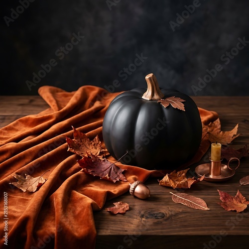 Elegant black pumpkin autumn decor with candles and leaves arrangement