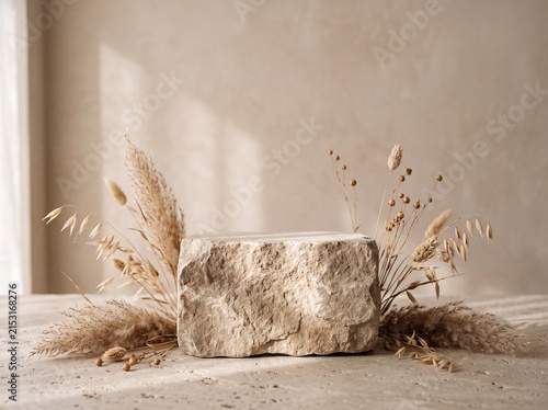Photography of a simple empty limestone podium with dried grasses and soft sunlight, minimalist natural product display scene