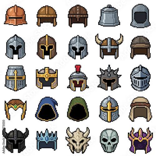 Fotografie Helmet icons in pixel art style represent twenty five medieval, fantasy, and historical headgear designs ideal for video game inventory systems, equipment screens, roleplaying assets, and RPG armors