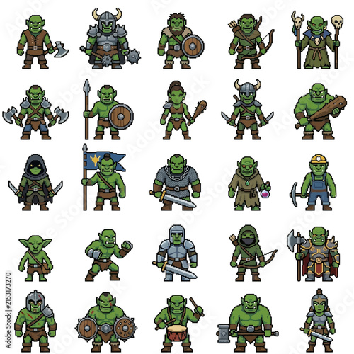 Obraz na plátne Orc characters arranged in a grid pattern showing various fantasy warriors equipped with armor, axes, swords, and shields for tabletop roleplaying game sprites and enemy designs