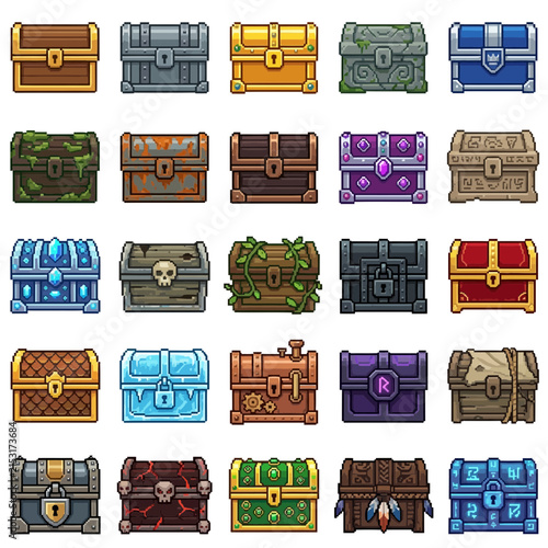 Obraz na plátně Treasure chests set featuring various pixel art video game assets including wooden, iron, magical, stone, and skull decorated loot containers for fantasy roleplaying games on a plain white backdrop