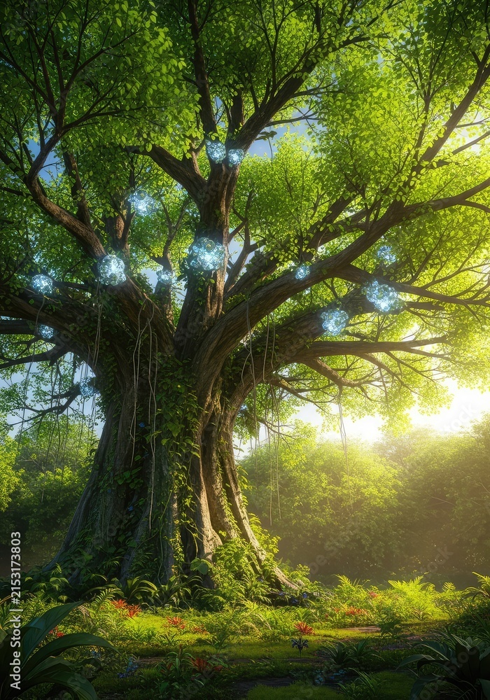 Fototapeta premium A magnificent ancient tree stands in a lush primeval paradise, bearing mysterious fruit amidst soft golden light and vibrant green leaves, wilderness, beginning, glowing