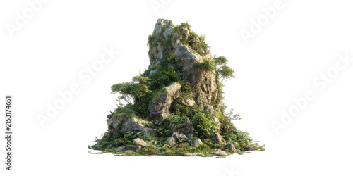 Cuadro en lienzo Realistic mossy rock formation with green foliage and small trees isolated on a