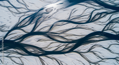 Aerial Top-Down View of Abstract Braided Glacial River Channels in Iceland creating Fractal Patterns