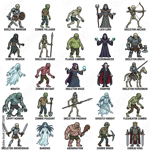 Konstfotografi Undead monster character set features various fantasy creature icons such as skeletal warriors, zombies, dark vampires, necromancers, and ghouls designed for digital role playing game user interfaces