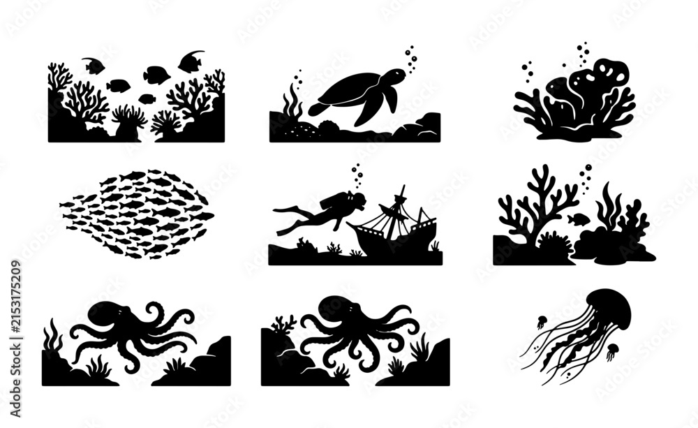 Fototapeta premium Underwater Silhouettes Collection: Marine Life, Diver, Shipwreck, Coral Reefs, Sea Creatures Vector Elements for Aquatic Designs