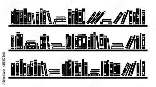 Minimalist black and white vector illustration showing multiple rows of books arranged on wooden shelves