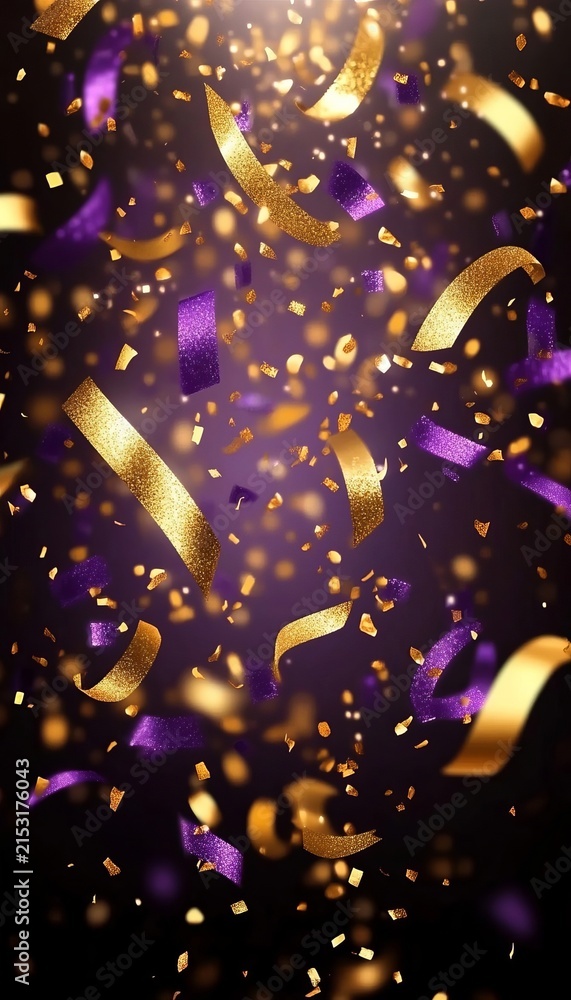 Obraz premium Abstract Background With Falling Gold And Purple Confetti Shimmering Particles On A Radiant Surface