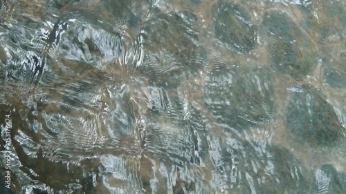 Clear flowing water streaming over smooth river stones in a natural stream.