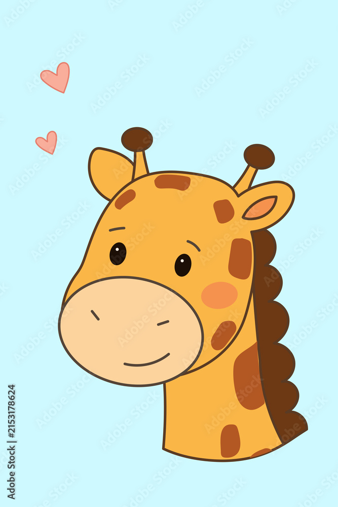 Obraz premium Giraffe Funny Childish Greeting Card. Cute Cartoon Animal Character isolated on Background. Nursery Decorative poster Print. Happy Birthday Kid Party Invitation Art. Positive Hand Drawn Card Style.