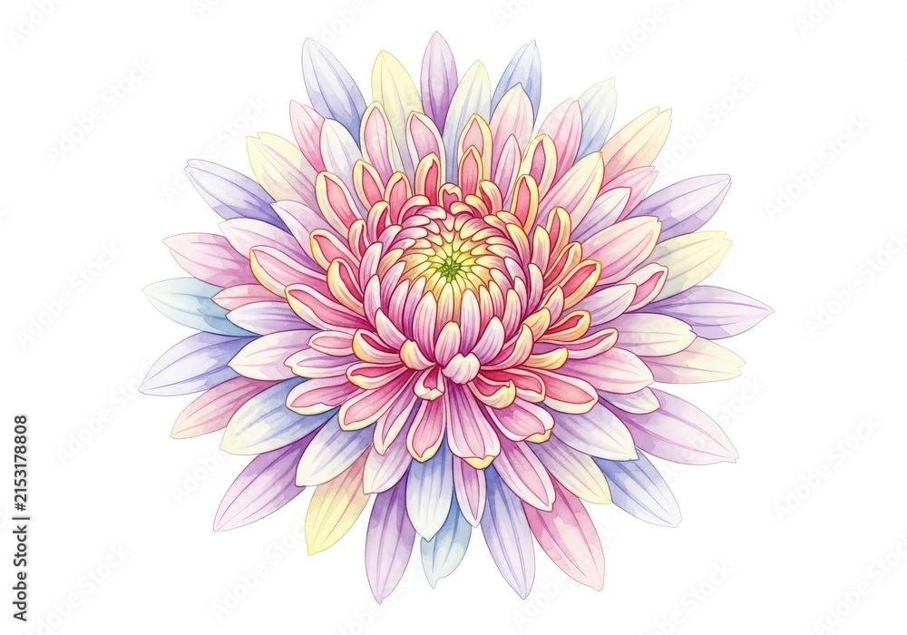 Obraz premium A beautiful watercolor painting of a chrysanthemum flower featuring intricate layered petals and soft pastel colors on a white background, painting, plant, soft