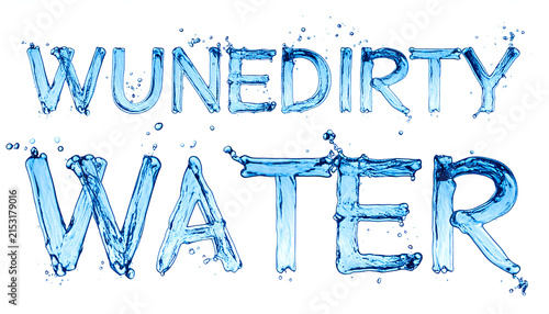 Blue water-formed words on white, creating phrases. Splashes add movement and a liquid dynamic. The phrases contrast
