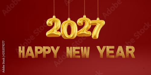 Canvas Print Golden 2027 Happy New Year balloons on red background