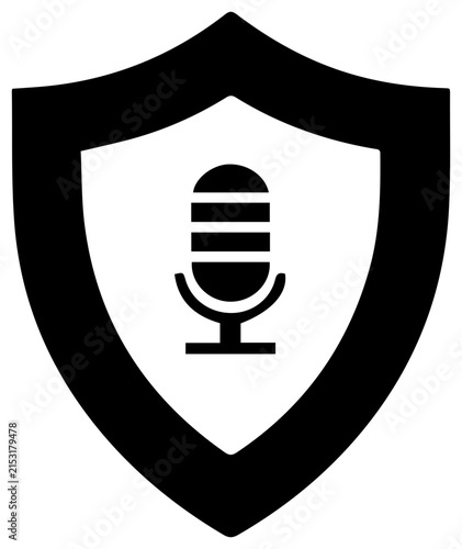 Shield icon with microphone for podcast security with inside conveying security microphone symbol black shield credibility protection recording
