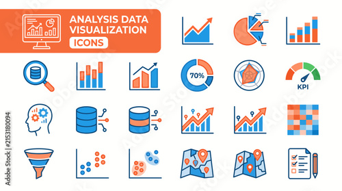 Comprehensive set of business data analysis and visualization flat vector icons