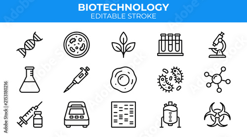 Biotechnology science line icon set for laboratory research with fifteen minimalist black