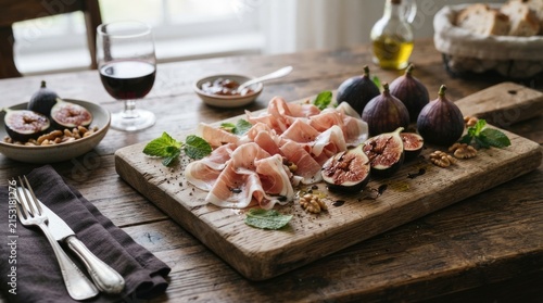 Gourmet Prosciutto with Fresh Figs Walnuts and Herbs Served on Rustic Wooden Board
