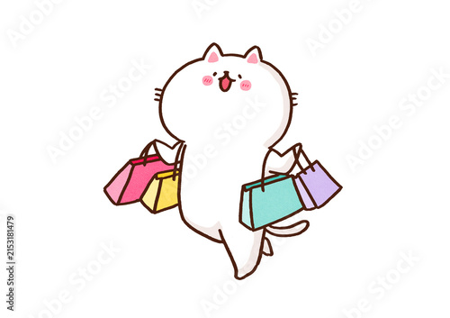Canvas Print Happy cat holding many shopping bags in both hands, shopping spree or rewarding