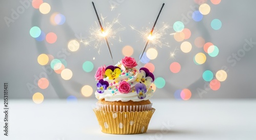 A vibrant birthday cupcake featuring edible flower toppings and lit sparklers, set against a dreamy background of colorful bokeh lights, lights, cupcake, celebration