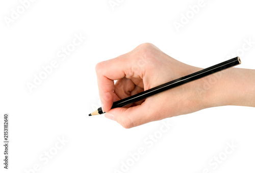 Female hand holding black pencil in writing position isolated on white background. Close up gesture ready to write, draw or sign.