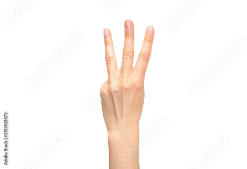 Woman hand showing three raised fingers isolated on white background. Concept of number three, counting, third step, education, instruction, business and communication.