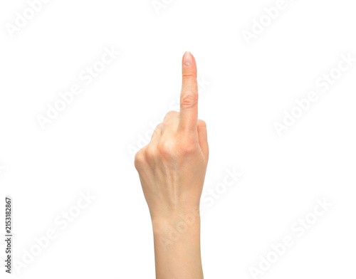 Woman hand showing one raised finger isolated on white background. Concept of number one, counting, first step, choice, instruction, selection and business presentation.