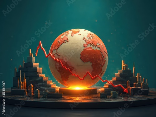 Global Economic Downturn: A symbolic representation of a worldwide financial crisis, featuring a globe at the center with a downward-trending graph indicating a recession.