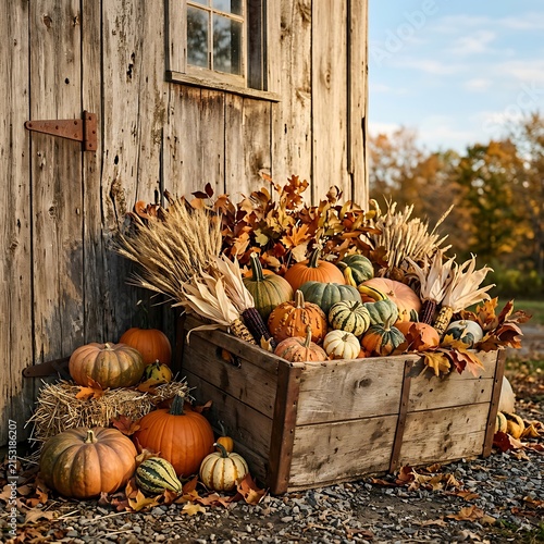 Autumn harvest pumpkins and gourds displayed in wooden crates outside rustic barn