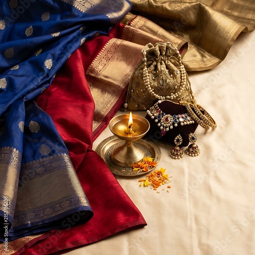 Traditional Indian saree with jewelry and lit diya arrangement