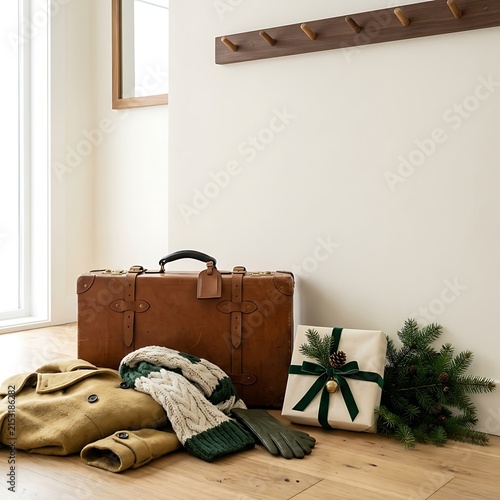 Cozy winter accessories and gift box on wooden floor