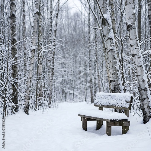 Snowy Forest Bench Surrounded By White Birch Trees
