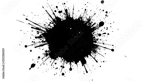 Black ink blot on a clean white background. Spatter of ink spreading outwards. Dots and lines radiating
