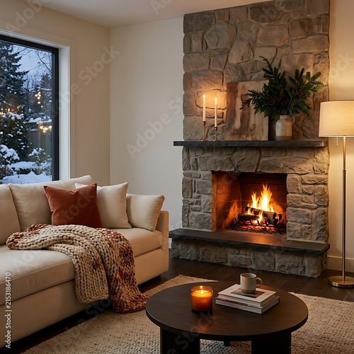 Cozy living room with fireplace and warm winter ambiance