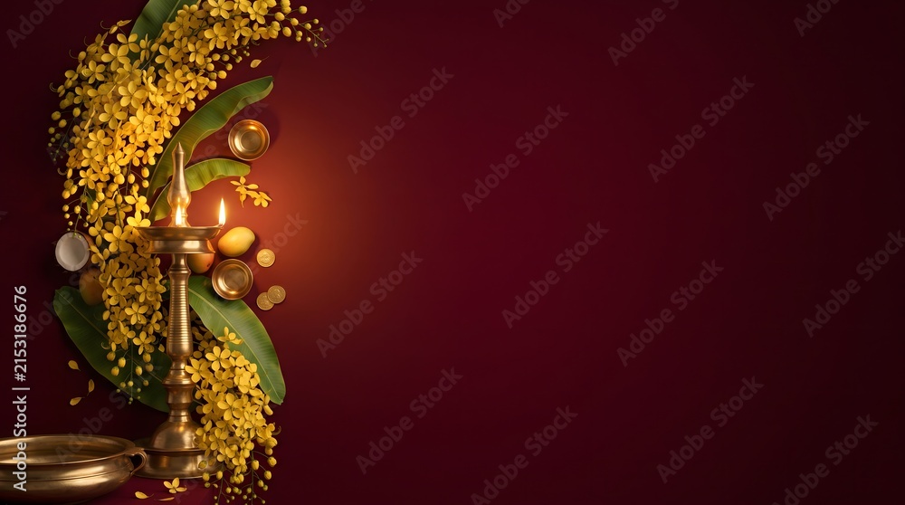 Fototapeta premium Vishu festival celebration background with traditional brass lamp with auspicious items arranged