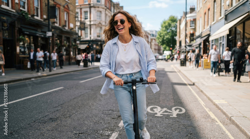 Happy Young Woman Riding Electric Scooter Through Busy Urban Street on Sunny Day