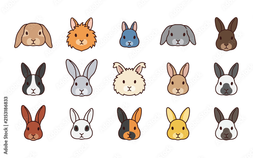 Naklejka premium Cute Rabbit Breed Collection with Distinctive Ear and Fur Styles