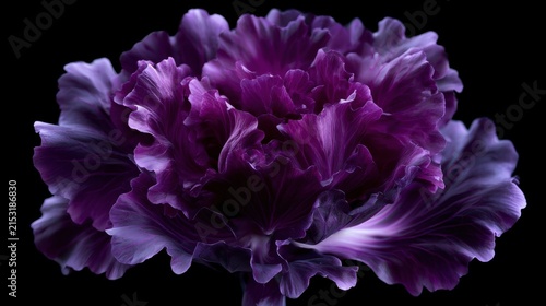 Close-up of a beautiful purple flower. the flower is in full bloom, with its petals spread out in a fan-like shape. the petals are a deep, rich purple color and have a glossy texture.