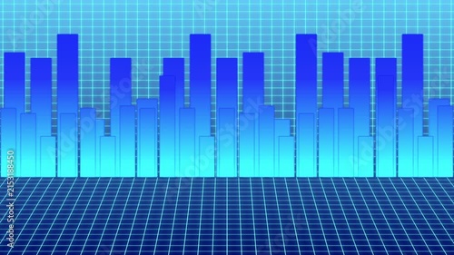 Digital audio equalizer background, with blue grid, pulsing sound wave, spectrum for music, and technology presentations