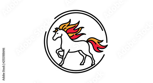 flaming unicorn logo, white horse with orange and red mane