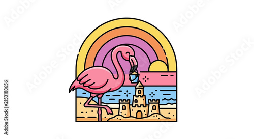 Flamingo Enjoying Coffee on Tropical Beach Under Rainbow