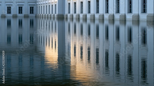 Photograph of a large body of water with a row of white buildings in the background. the water is calm and reflects the buildings, creating a mirror-like effect.